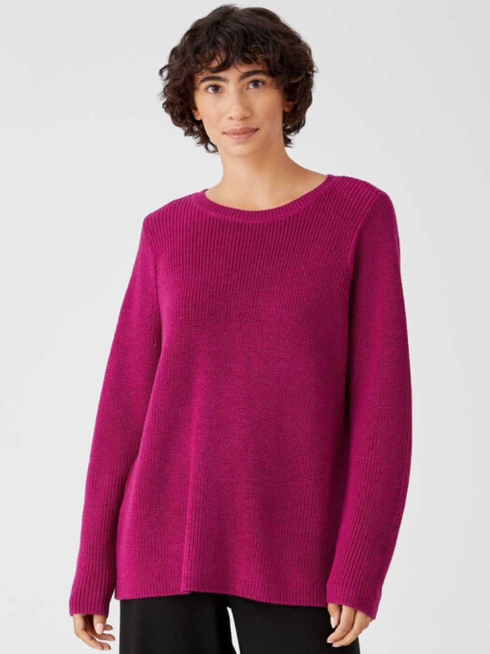 Eileen Fisher Magenta Knit Merino Crew Neck Top in Responsible Wool XS Oversized
